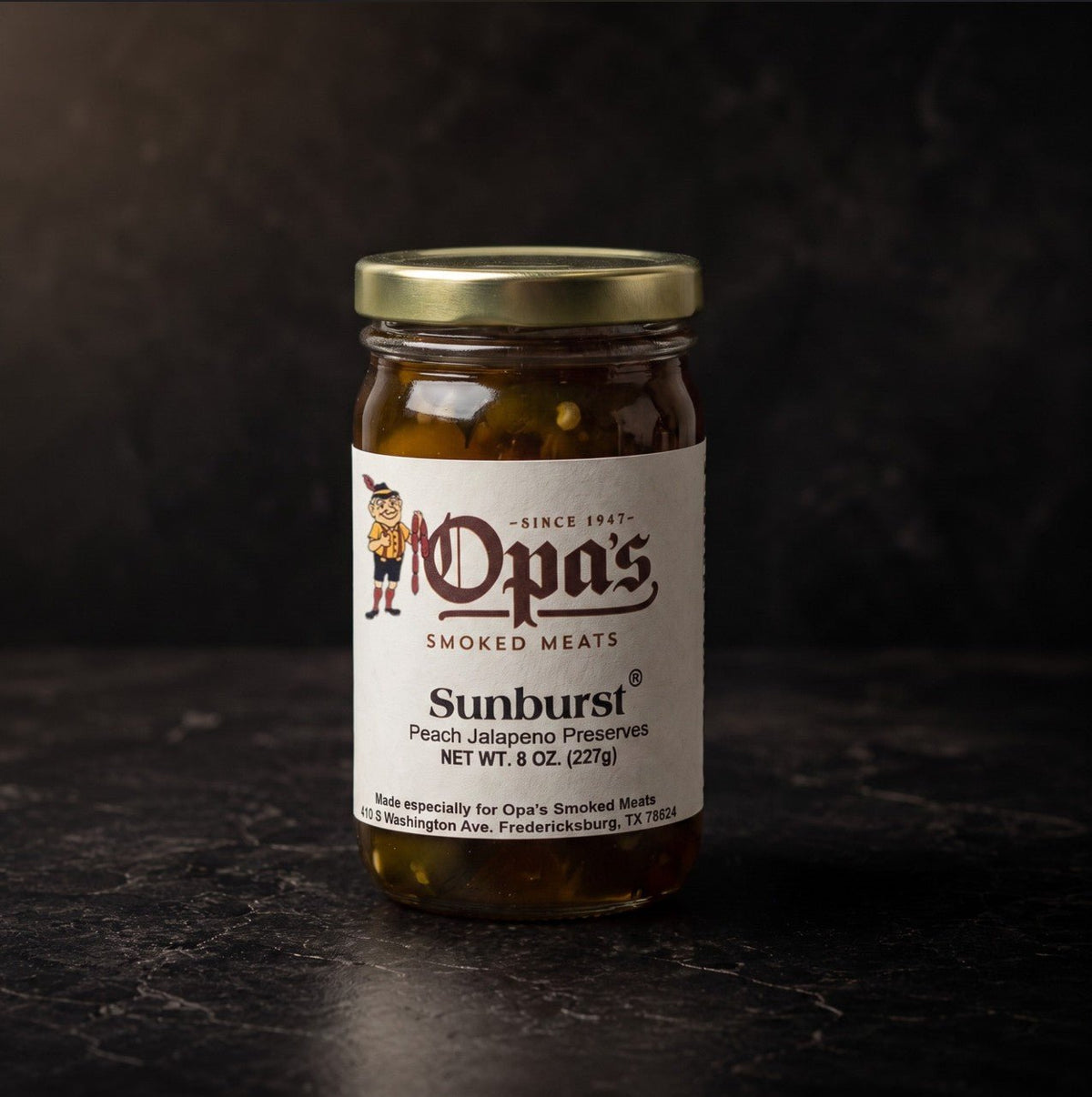 Jar of Opa's Sunburst Peach Jalapeño Preserves