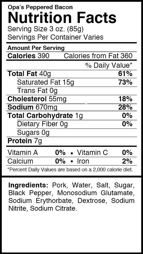 Nutrition facts and ingredients panel for Opa's Smoked Peppered Bacon