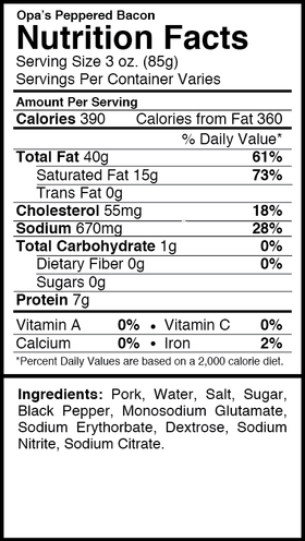 Nutrition facts and ingredients panel for Opa's Smoked Peppered Bacon